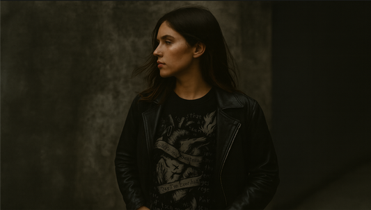 Young woman in a black graphic T-shirt and leather jacket standing against a concrete wall, moody streetwear aesthetic, horizontal banner format for Shopify blog post