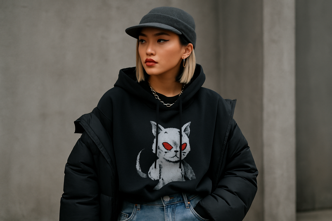 Young Asian woman in oversized black streetwear hoodie with graphic print, layered jacket, and cap, standing against an urban concrete wall, streetwear fashion 2025 horizontal banner