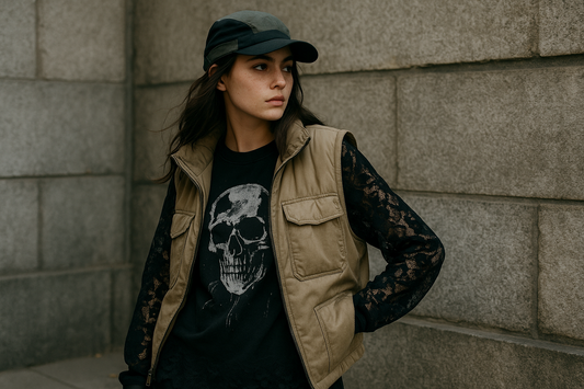 Model in streetwear featuring a black lace long-sleeve under a graphic skull T-shirt and beige utility vest, wearing a dark cap, against a concrete wall backdrop