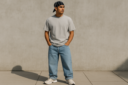 Streetwear model wearing cuffed baggy jeans, mesh sneakers, and a black bandanna, standing against a minimalist concrete wall in natural daylight