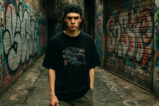 Model in urban streetwear standing in a graffiti-covered alley, wearing a black oversized T-shirt and cargo pants, representing underground rebellion style, top streetwear brands 2025