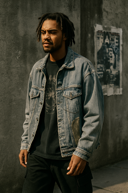Young African-American man in a black graphic tee and denim jacket walking past a concrete wall with peeling posters, evoking raw streetwear nostalgia and underground heritage vibes. Ask ChatGPT