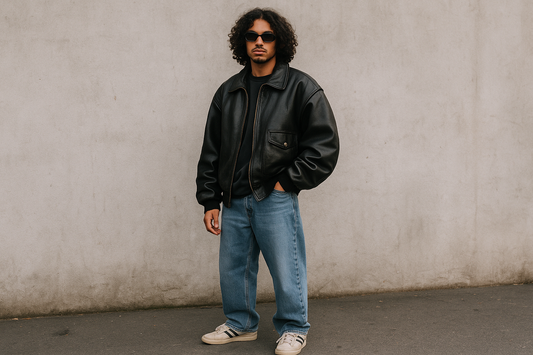Streetwear model wearing baggy jeans, vintage sneakers, and an oversized leather bomber jacket standing against an urban concrete wall, representing 2025 fashion trends