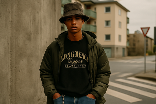 Young man in oversized streetwear wearing a Long Beach graphic tee, olive puffer jacket, and bucket hat, standing in an urban city street setting with a concrete wall and apartments in the background