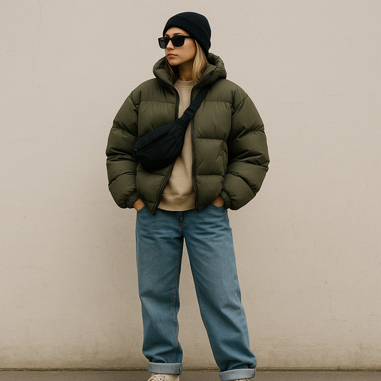 Text: Streetwear model wearing cuffed baggy jeans, oversized olive-green puffer jacket, crossbody bag, and chunky sneakers, styled in a gorpcore-inspired fall outfit against a neutral wall background