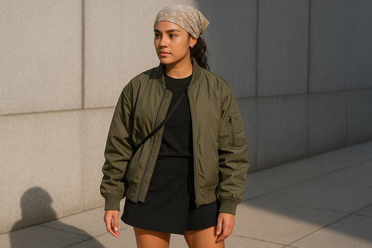 streetwear model wearing a beige bandanna, olive bomber jacket, black skort, and chunky sneakers in an urban outdoor setting, representing 2025 streetwear trends