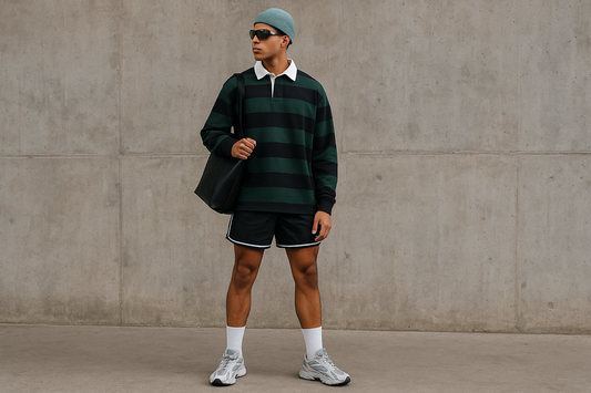Young man wearing a dark green and black striped rugby shirt, black Adidas sprinter shorts, white crew socks, and gray sneakers, carrying a black leather tote bag, standing against a textured concrete wall