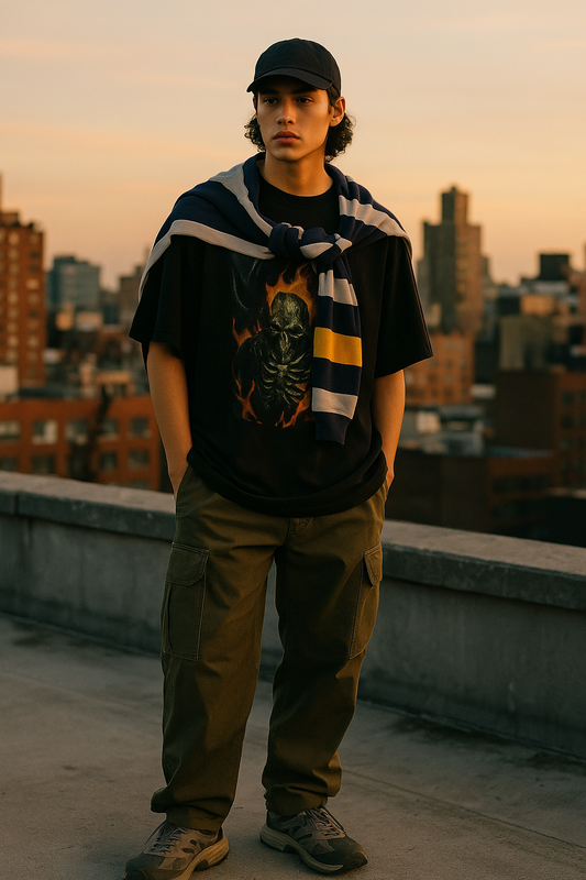 Streetwear model on an urban rooftop wearing an oversized black graphic T-shirt layered with a rugby stripe piece cargo pants and trail sneakers at sunset