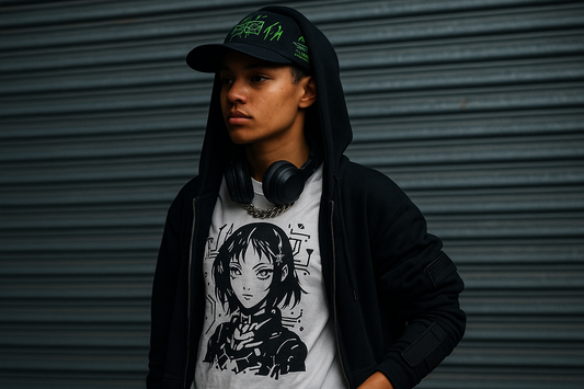 Young model in a futuristic streetwear outfit with a black hoodie, anime-style T-shirt, and neon-accented cap standing against a corrugated metal background representing AI-driven fashion trends in 2025