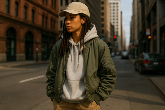 Young woman in streetwear standing on an urban street, wearing a beige baseball cap, olive bomber jacket, grey hoodie, and khaki pants, representing global 2025 streetwear trends