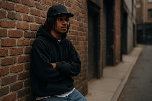 Young African American man in black hoodie and cap leaning against a red brick wall in an urban alley, wearing a white T-shirt and jeans, representing streetwear culture.