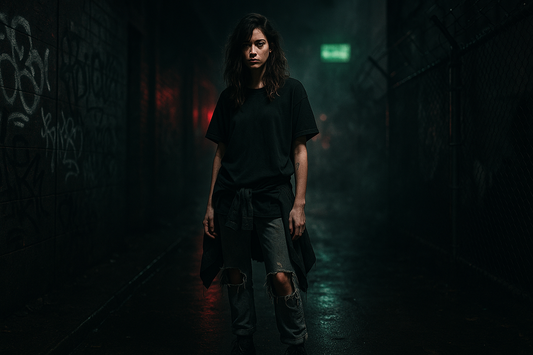 gritty streetwear banner with a model in a black T-shirt and ripped jeans standing in a neon-lit alley with wet pavement and graffiti, high-contrast underground fashion mood