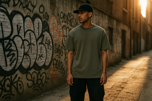 Male model in plain olive oversized T-shirt and black cargo pants standing in a graffiti-covered urban alley at sunset, representing a minimalist streetwear style