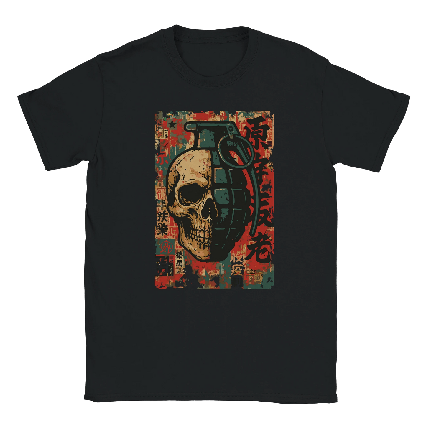 Skull Grenade design on black T-shirt with half skull half grenade and distressed graffiti background