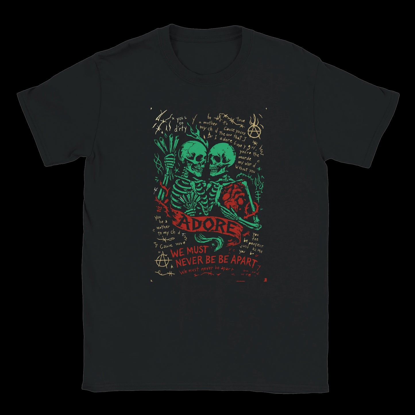 Black T-Shirt with Two skeletons holding each other with a red heart and grunge handwritten text saying "Adore" and "We Must Never Be Apart" on a dark background.