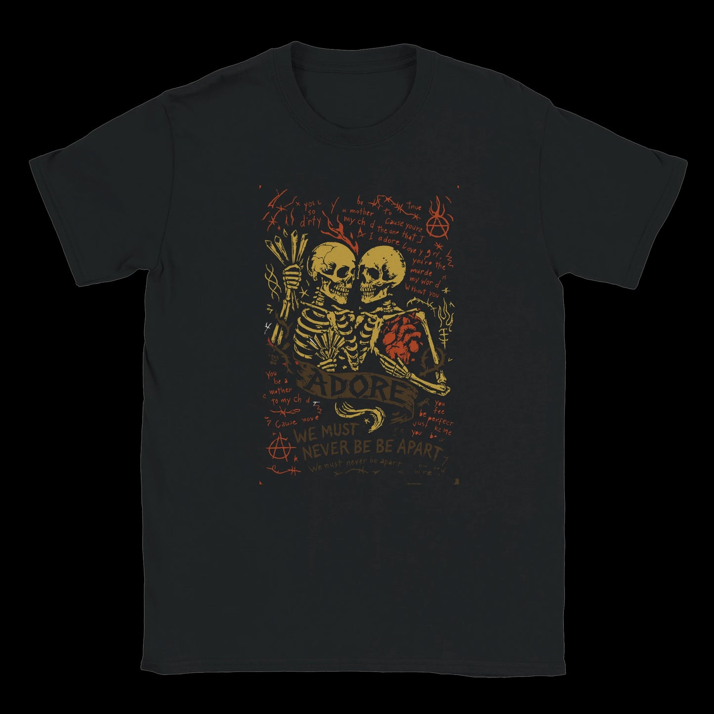Black Grunge-style T-shirt featuring two skeletons locked in an embrace with a red anatomical heart, surrounded by handwritten punk lyrics and anarchic doodles, with the words "Adore" and "We Must Never Be Apart" on a dark background.