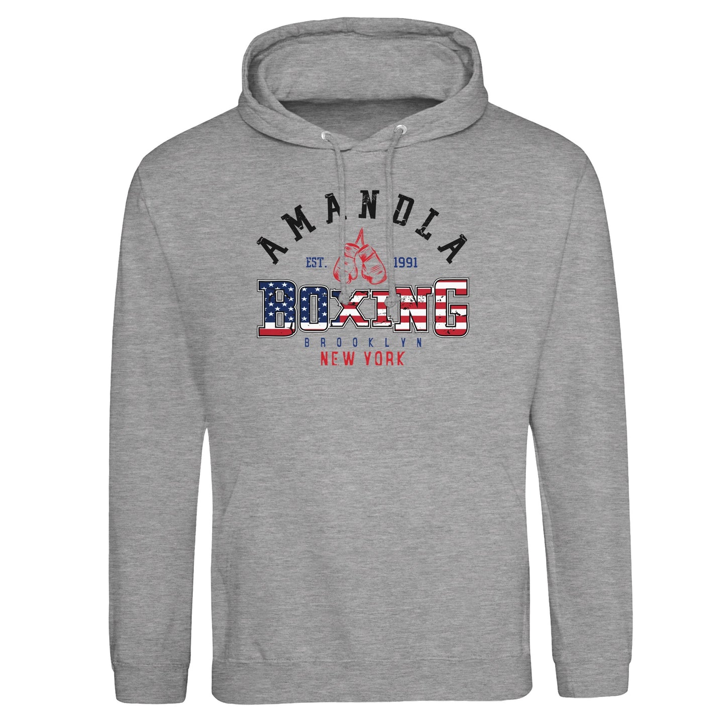 Amandla Boxing' with American flag pattern inside the word 'Boxing', red boxing gloves, and location text 'Brooklyn, New York'—symbolizing strength, heritage, and fight culture."