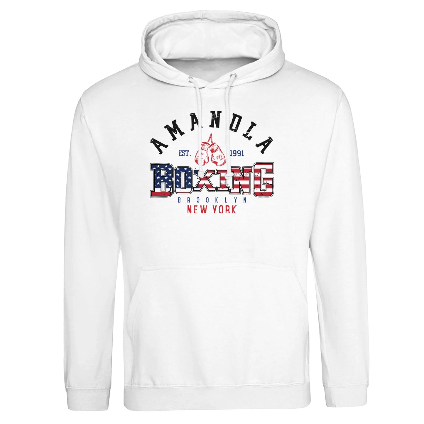 Amandla Boxing' with American flag pattern inside the word 'Boxing', red boxing gloves, and location text 'Brooklyn, New York'—symbolizing strength, heritage, and fight culture."
