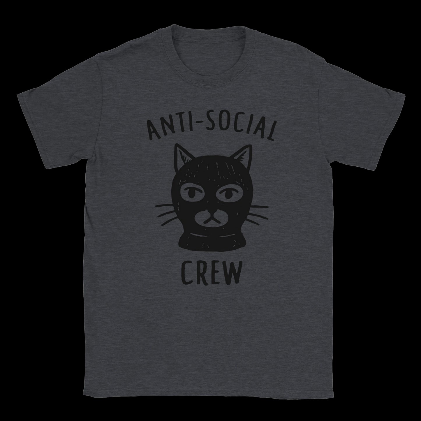 Dark Heather T-shirt with black masked cat graphic and “Anti-Social Crew – Masked Cat Tee” text – streetwear by Two Souls Inc.