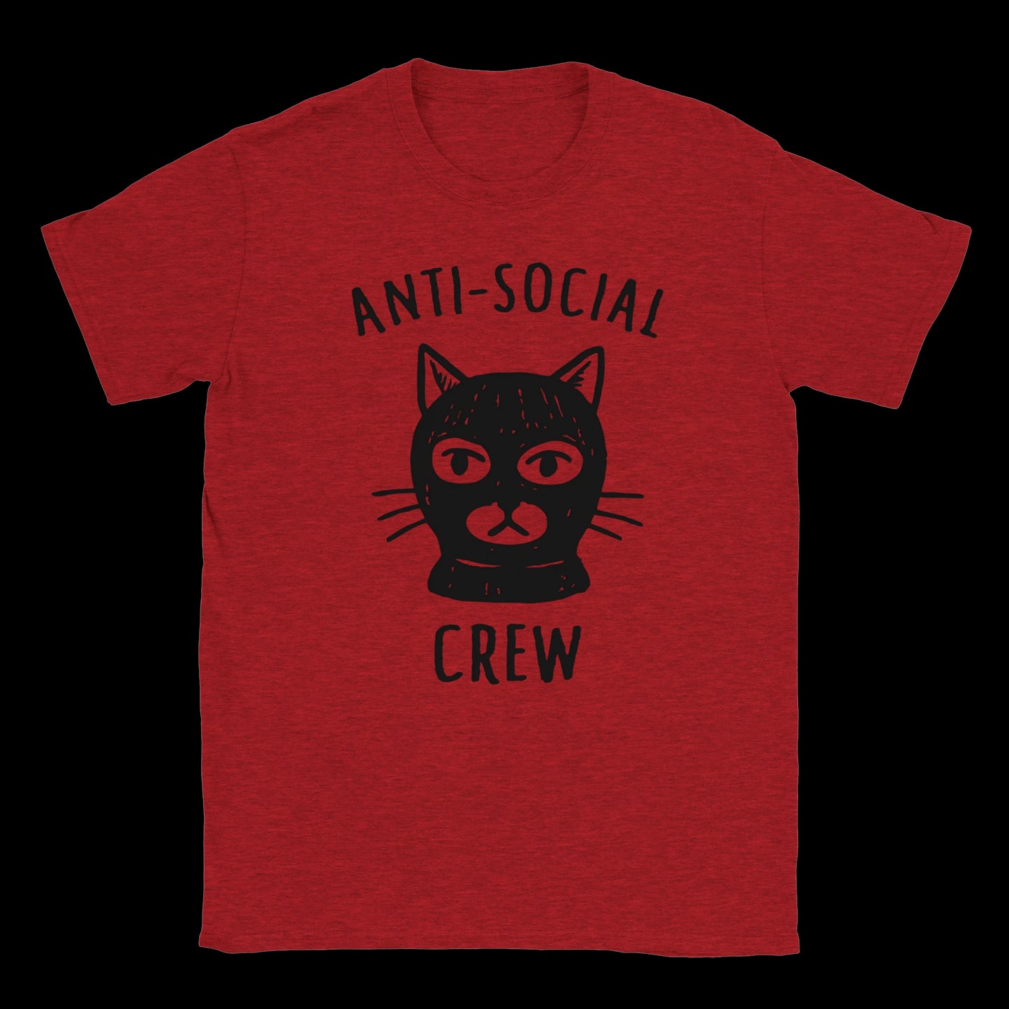 Heather Red T-shirt with black masked cat graphic and “Anti-Social Crew – Masked Cat Tee” text – streetwear by Two Souls Inc.