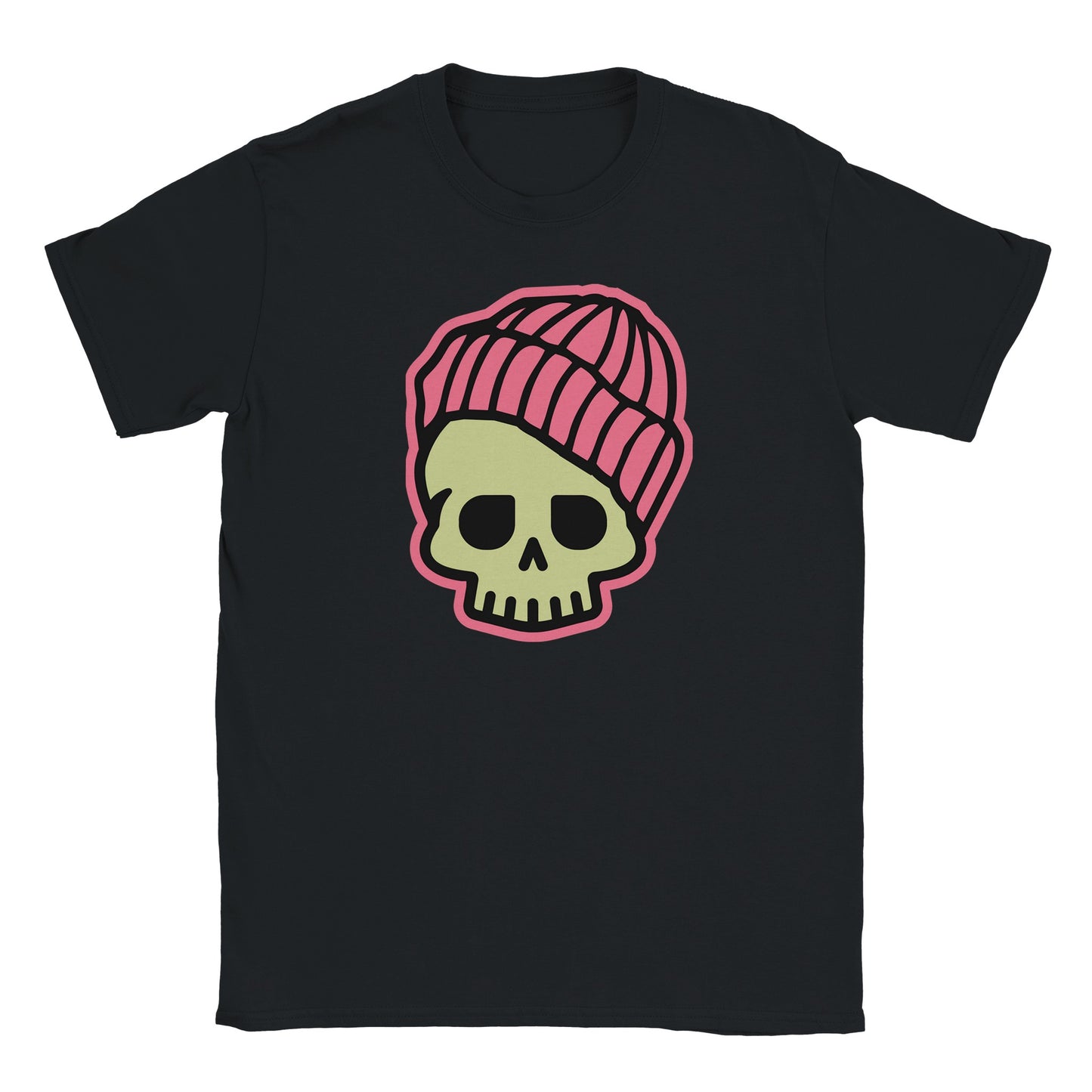 Black T-shirt with green skull wearing a pink beanie hat – Beanie Reaper streetwear design by Two Souls Inc.
