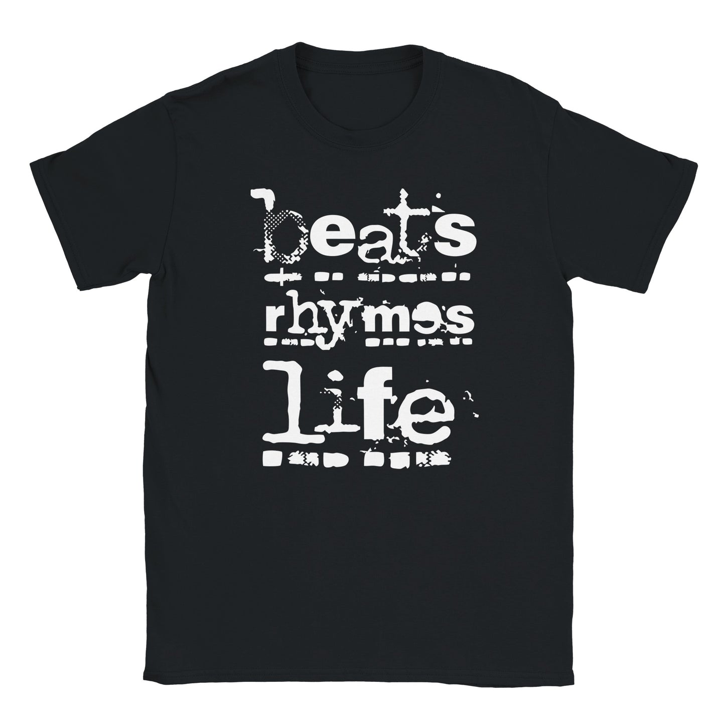 Black T-shirt with distressed white “beats rhymes life” lettering in a grunge-glitch style – Monochrome Distortion Drop by Two Souls Inc.