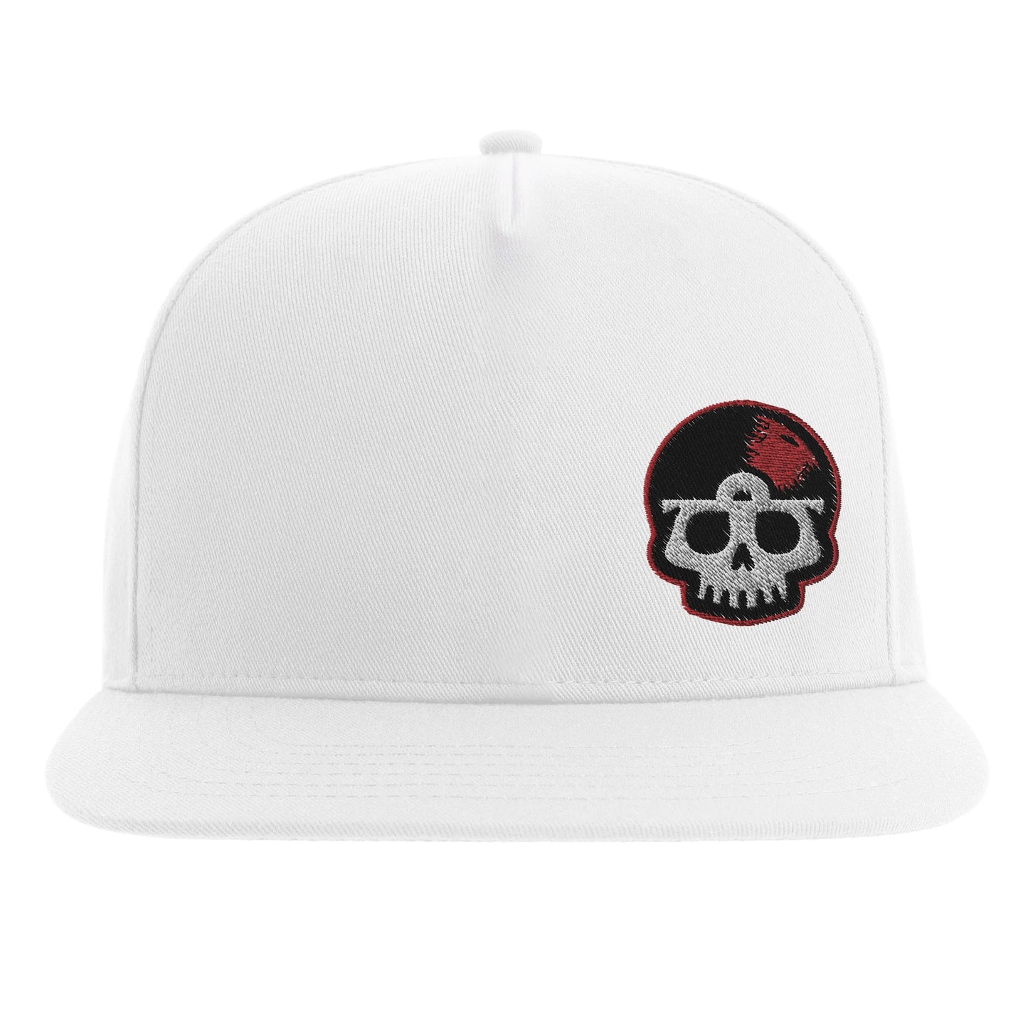 "White snapback hat with black embroidered design of a skull wearing headphones and the text 'Beats Rhymes Life' above—minimalist hip-hop streetwear style with bold contrast."