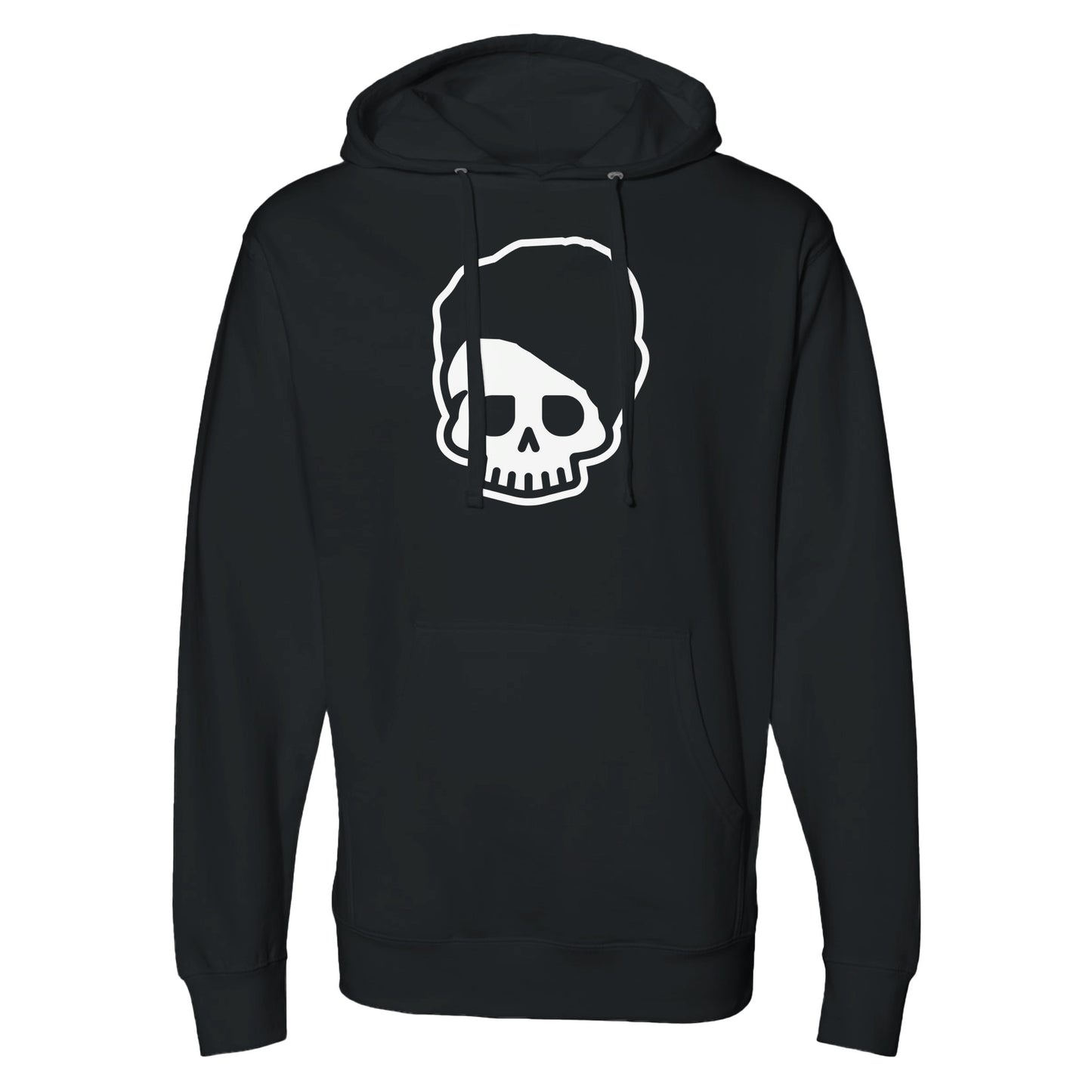 "Black hoodie featuring white text 'Día de los Muertos' arched above a cartoon skull with styled hair, and 'Fiesta de todos Los Santos' below—blending streetwear with cultural homage to Day of the Dead."