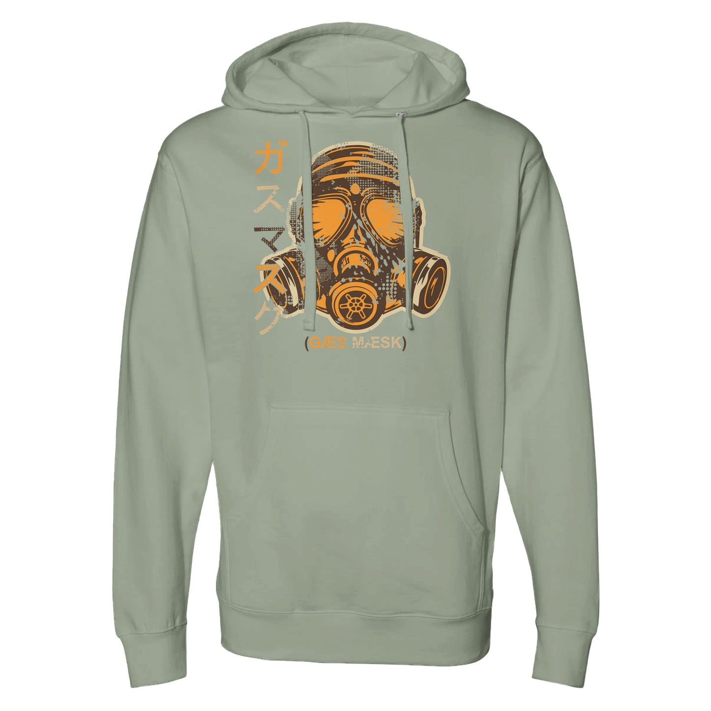 "White hoodie with a detailed sepia-toned halftone gas mask illustration, vertical Japanese katakana text on the left, and '(GAS MASK)' written below—combining dystopian streetwear with earthy retro tones."