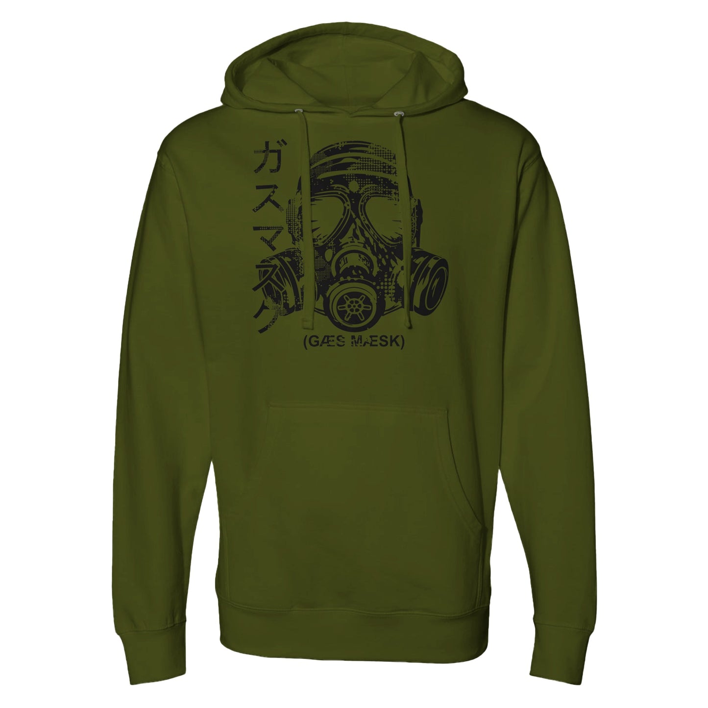 "Neon yellow hoodie featuring a bold black halftone gas mask illustration, Japanese katakana text on the left, and the phrase '(GAS MASK)' below—blending cyberpunk and streetwear with high-visibility rebellion."