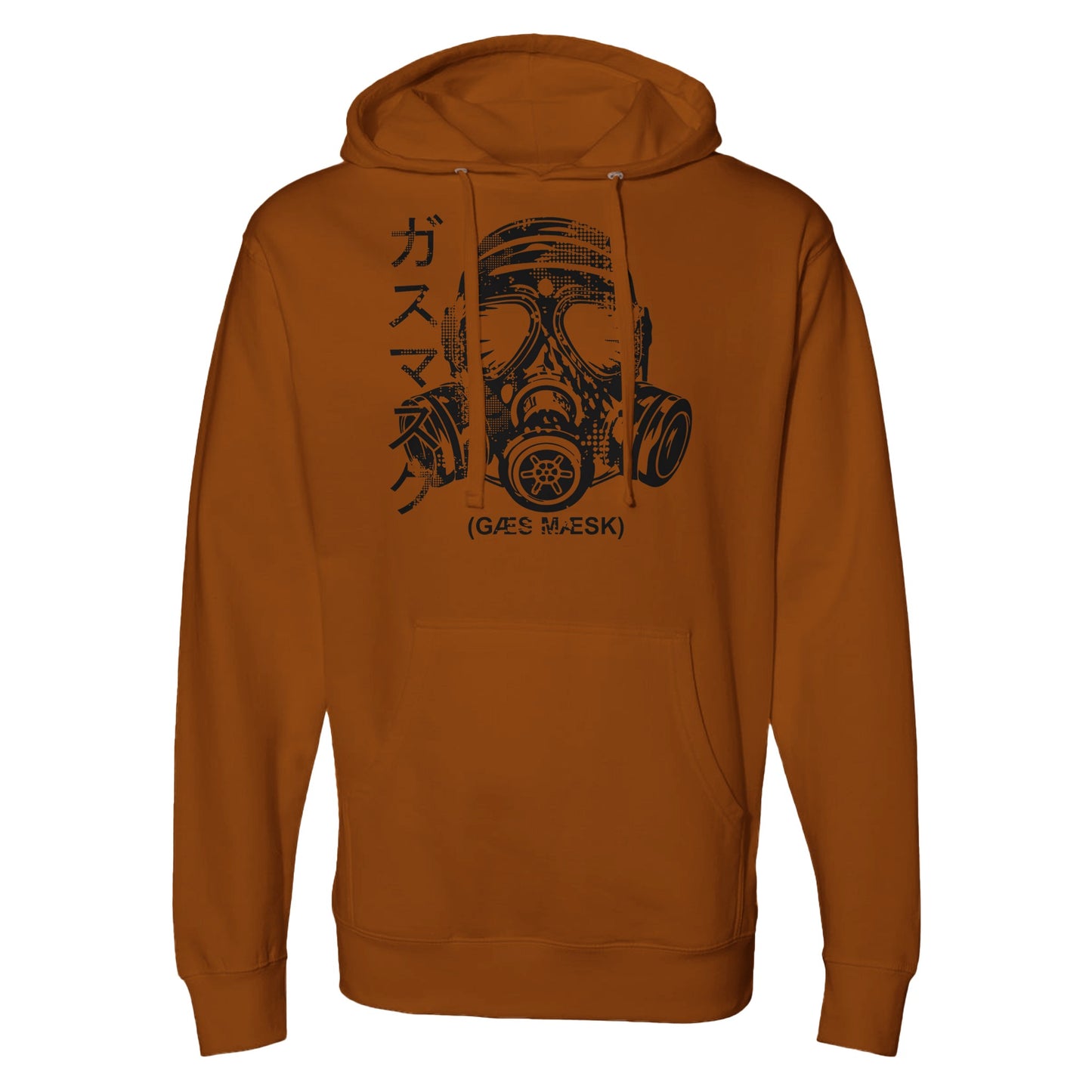 "Neon yellow hoodie featuring a bold black halftone gas mask illustration, Japanese katakana text on the left, and the phrase '(GAS MASK)' below—blending cyberpunk and streetwear with high-visibility rebellion."