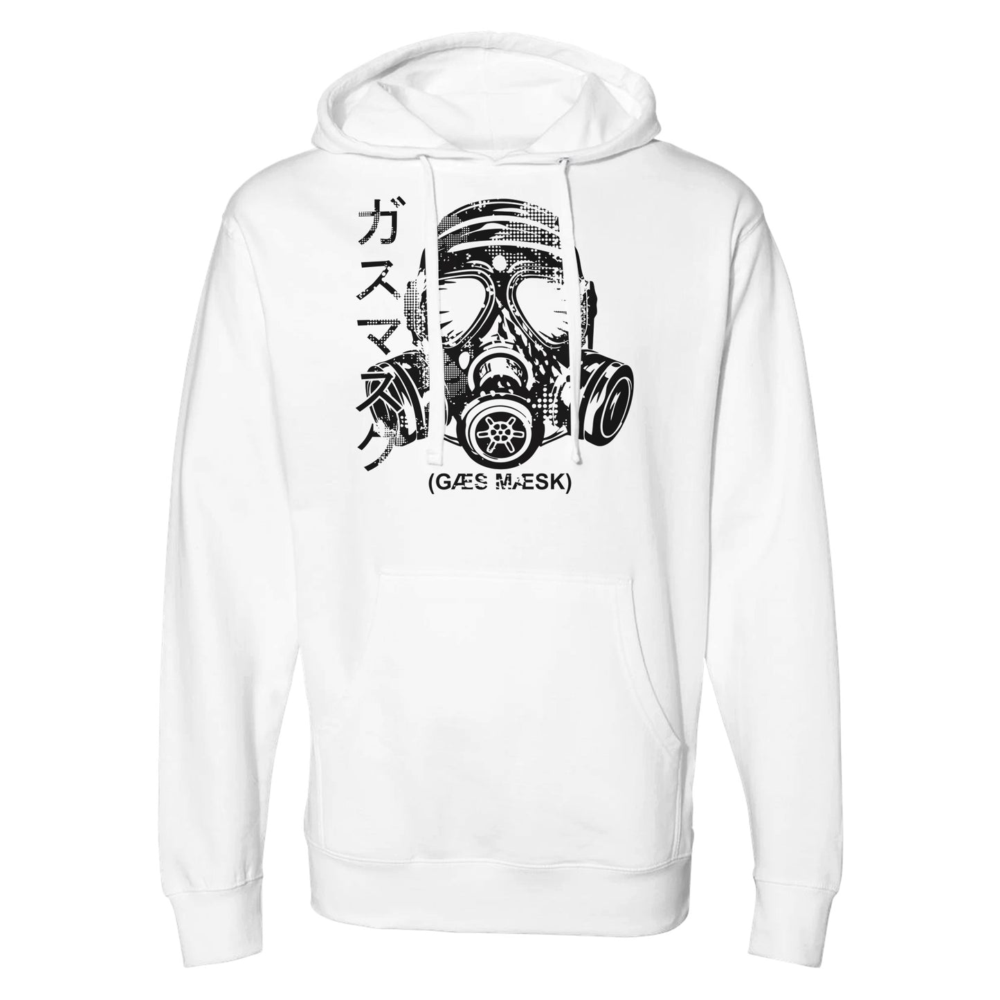 "Neon yellow hoodie featuring a bold black halftone gas mask illustration, Japanese katakana text on the left, and the phrase '(GAS MASK)' below—blending cyberpunk and streetwear with high-visibility rebellion."