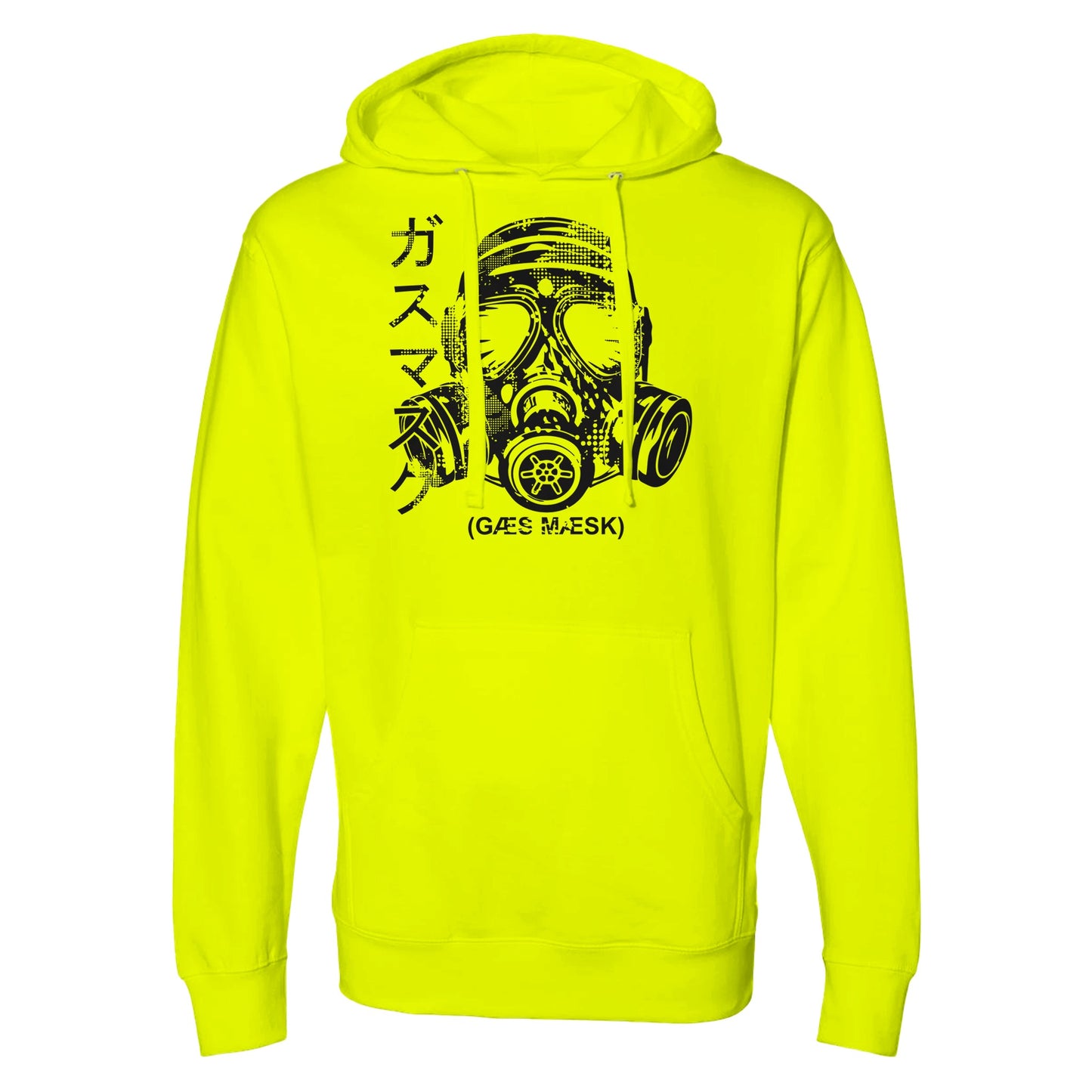 "Neon yellow hoodie featuring a bold black halftone gas mask illustration, Japanese katakana text on the left, and the phrase '(GAS MASK)' below—blending cyberpunk and streetwear with high-visibility rebellion."
