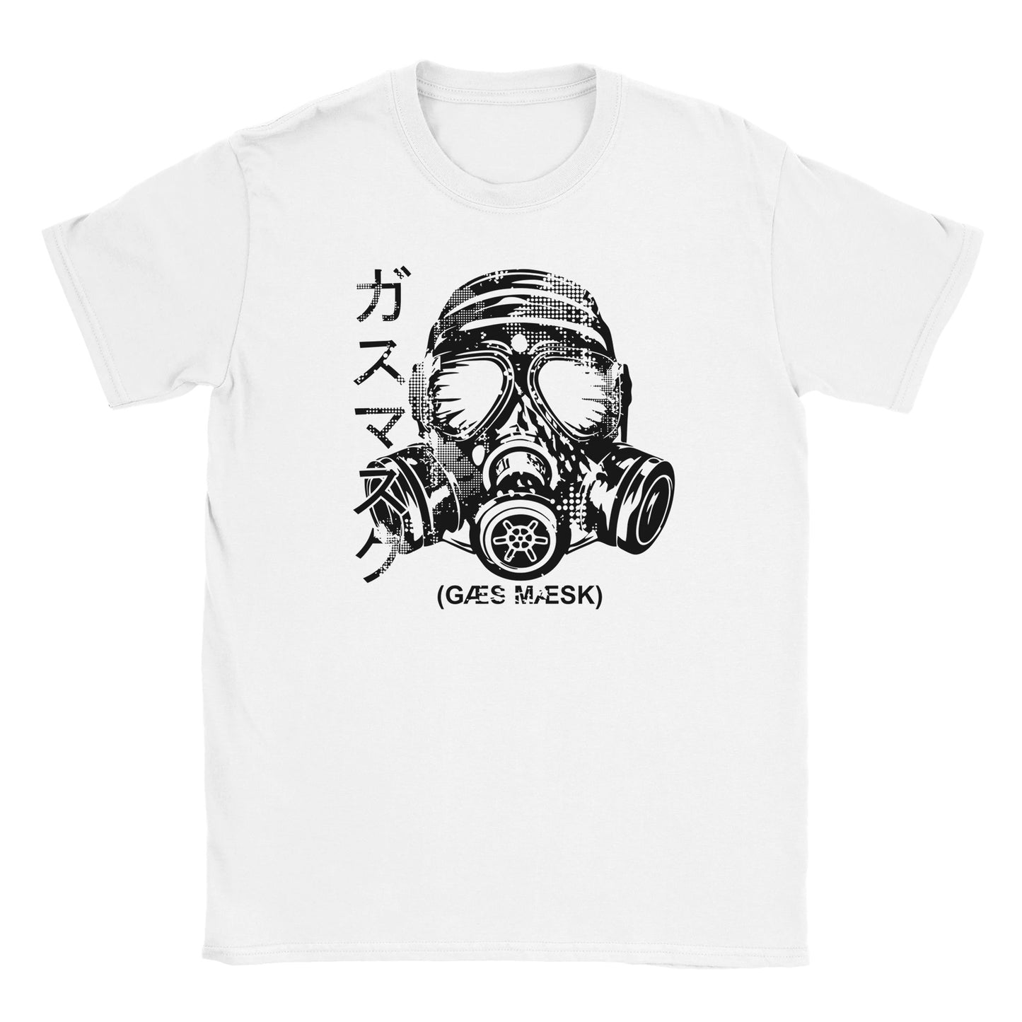 "Halftone-style gas mask illustration
with Japanese katakana text and English words 'GÆS MÆSK'—combining dystopian, cyberpunk, and survivalist streetwear aesthetics."