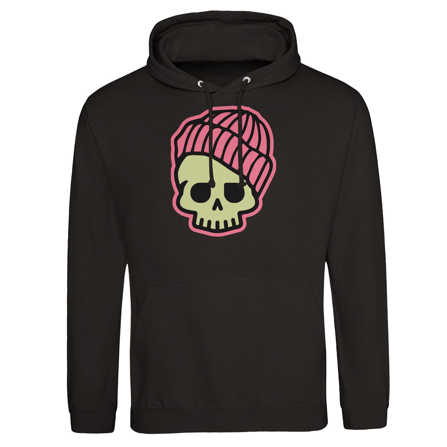 "Colorful skull graphic with a green face, purple eyes, and yellow-striped beanie outlined in gold on a white hoodie—playfully blending streetwear, cartoon, and Día de los Muertos aesthetics."