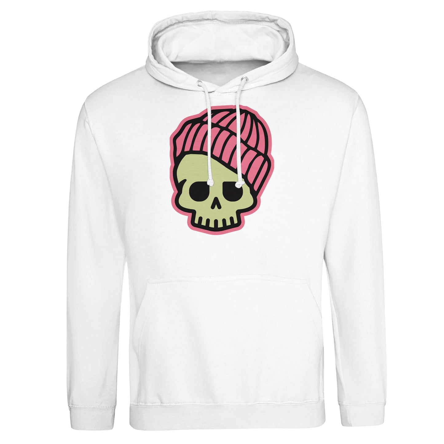 "Colorful skull graphic with a green face, purple eyes, and yellow-striped beanie outlined in gold on a white hoodie—playfully blending streetwear, cartoon, and Día de los Muertos aesthetics."