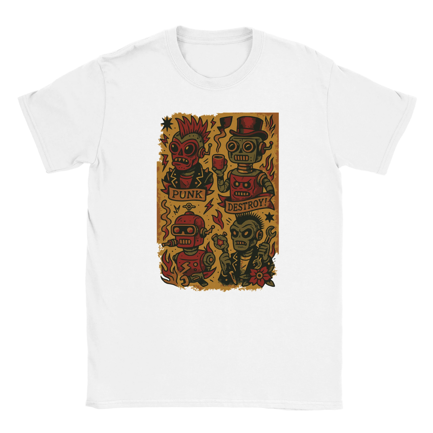 Retro punk robot streetwear graphic with distressed cartoon robots, eclectic grandpa grunge aesthetic on oversized T-shirt