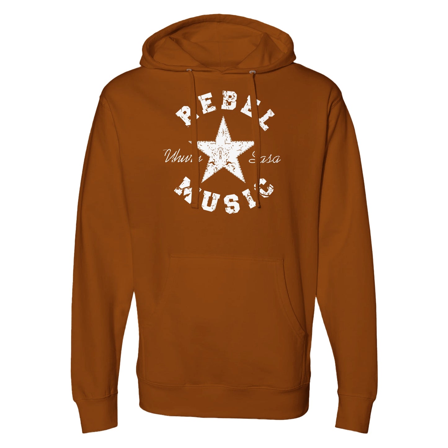 "Brown hoodie with distressed white star, bold 'Rebel Music' text above and below, and 'Uhuru Sasa' in script—representing bold, minimalist resistance and revolutionary streetwear."
