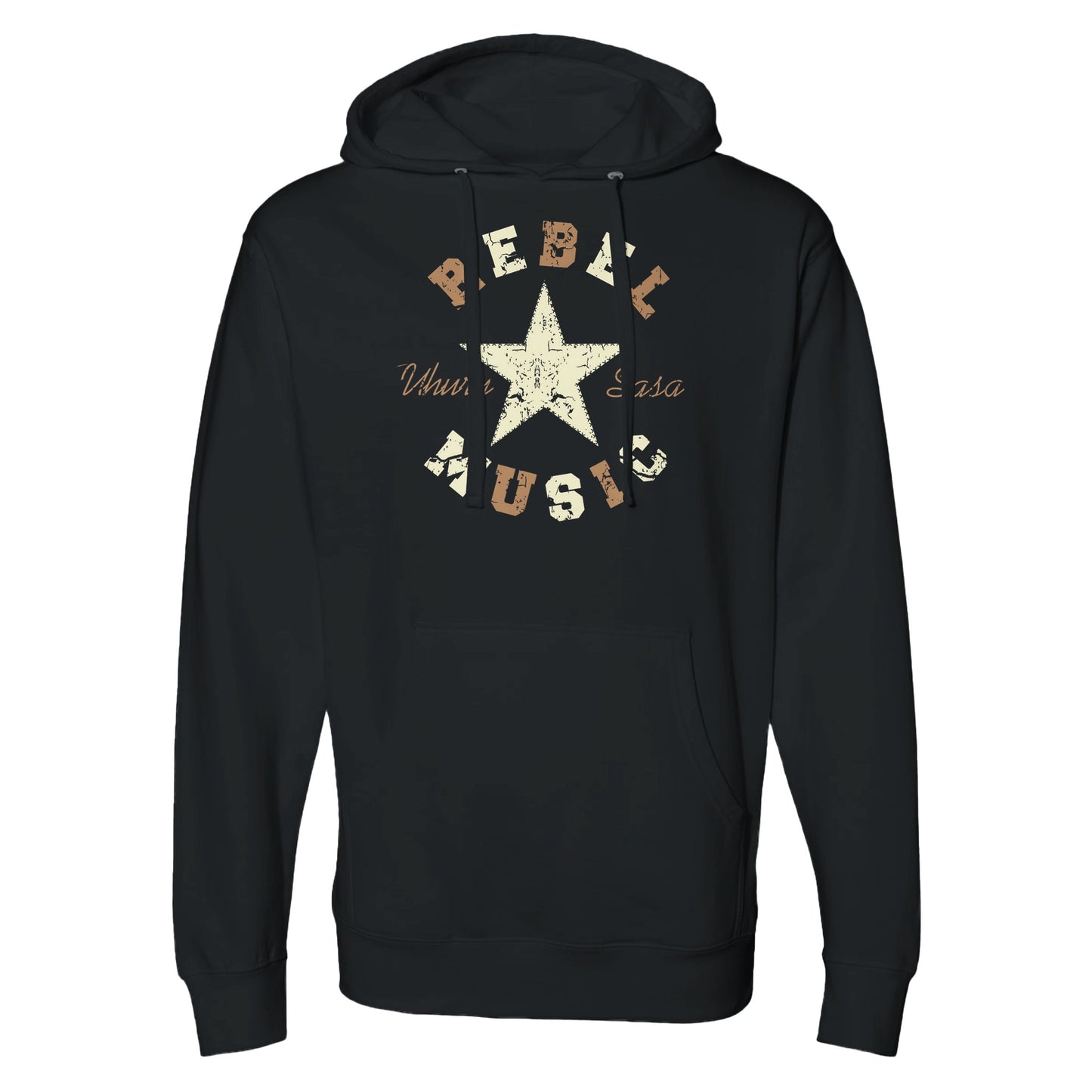 "Black hoodie with distressed off-white star graphic, tan and beige 'Rebel Music' text, and cursive 'Uhuru Sasa'—symbolizing earthy resistance and grounded revolutionary style."