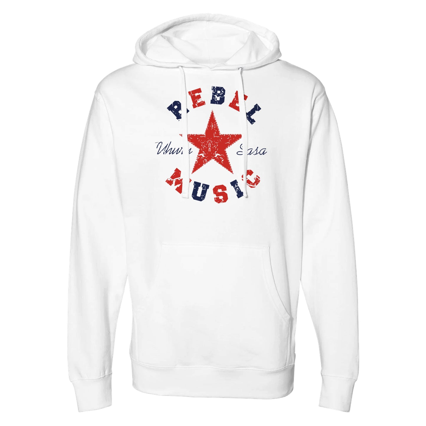 "White hoodie with a distressed red star graphic, navy and red 'Rebel Music' text surrounding it, and 'Uhuru Sasa' in cursive—symbolizing musical resistance, freedom, and revolutionary energy."