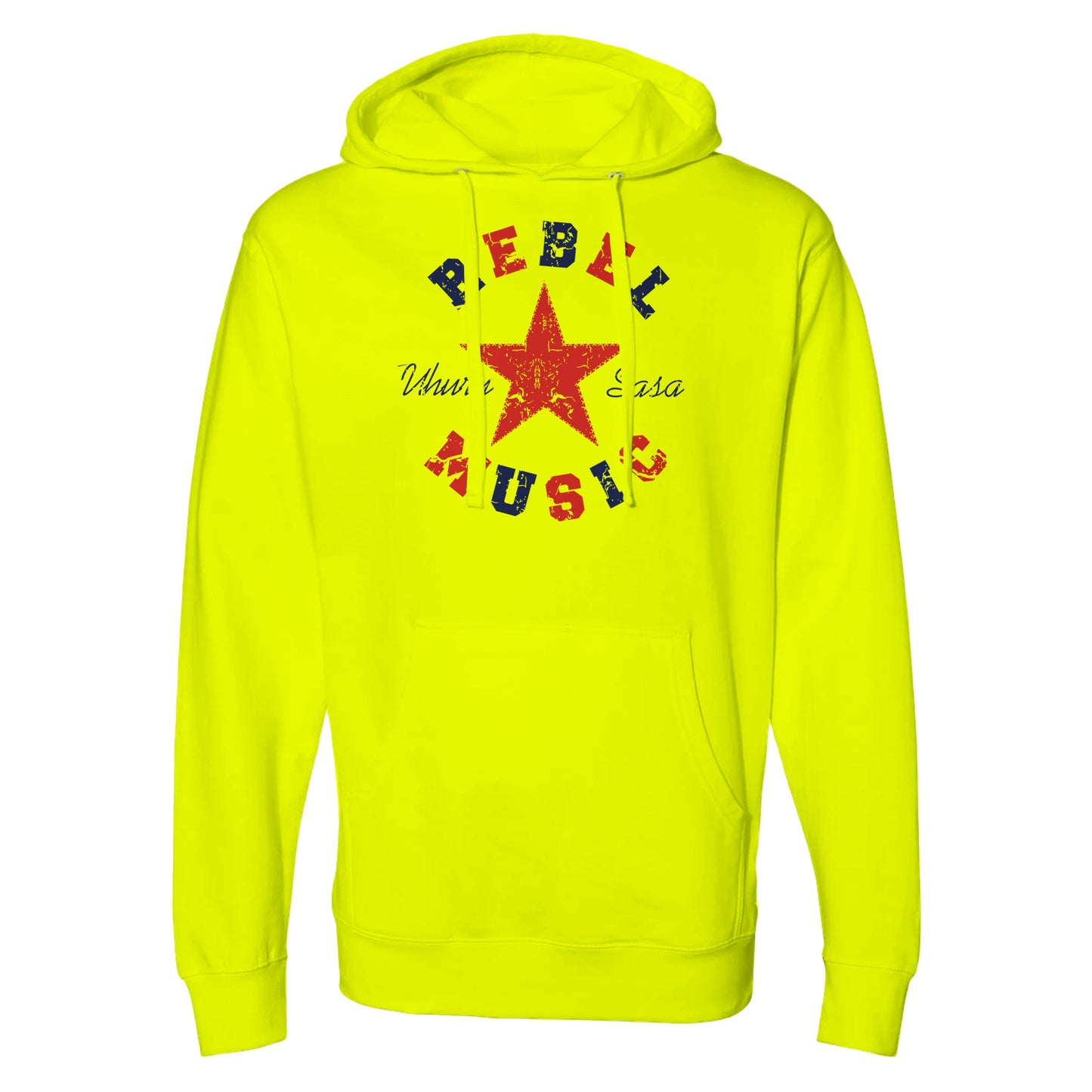 "Yellow hoodie with a distressed red star graphic, navy and red 'Rebel Music' text surrounding it, and 'Uhuru Sasa' in cursive—symbolizing musical resistance, freedom, and revolutionary energy."