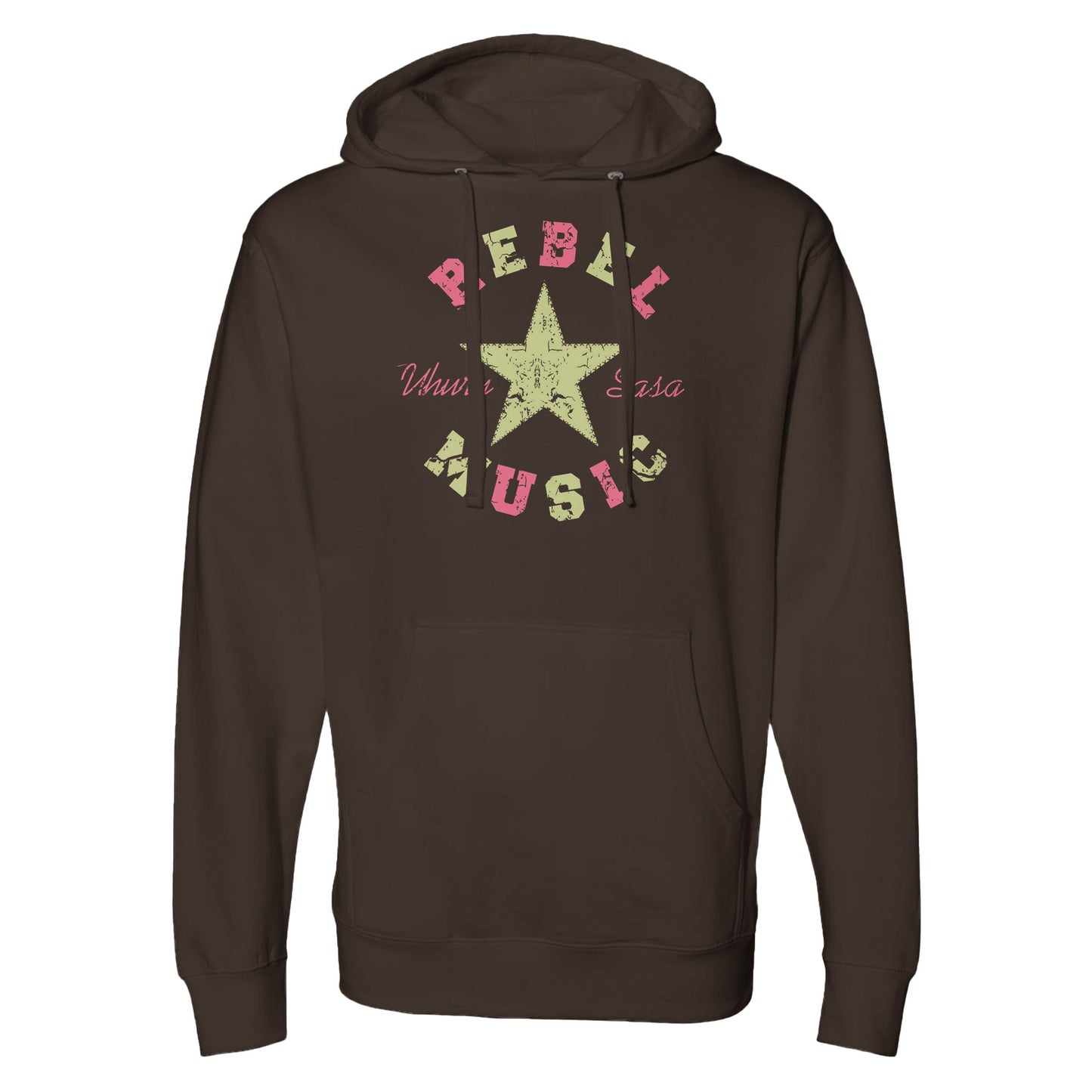 "Brown hoodie with pastel graphic featuring a green distressed star, pink 'Rebel Music' text, and the phrase 'Uhuru Sasa' in cursive—blending soft color with a bold message of resistance."