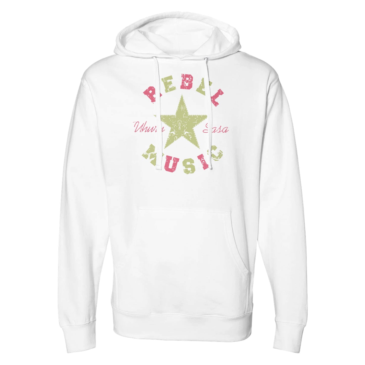 "White hoodie with pastel graphic featuring a green distressed star, pink 'Rebel Music' text, and the phrase 'Uhuru Sasa' in cursive—blending soft color with a bold message of resistance."