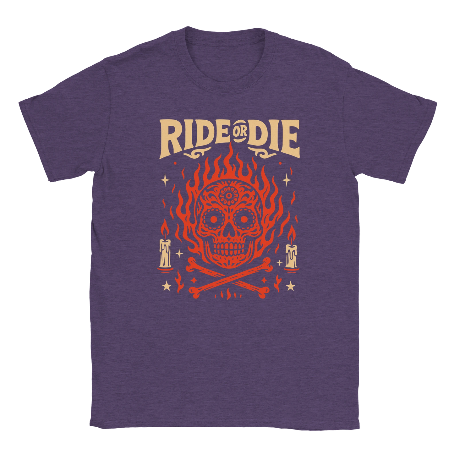Ride or Die streetwear graphic with flaming sugar skull, bold retro typography, and gothic candle details on oversized Eclectic Grandpa style T-shirt