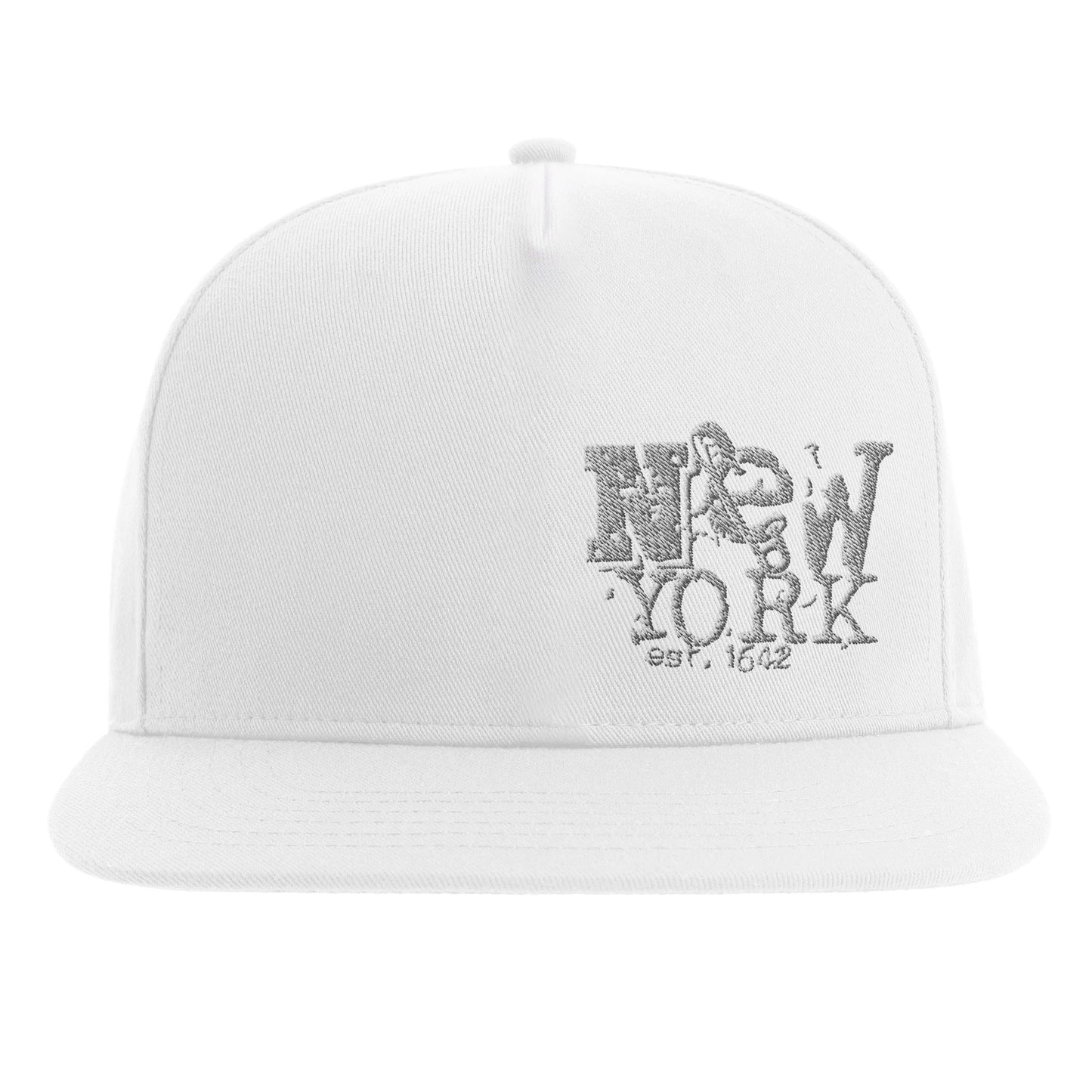 "White snapback hat featuring distressed red 'NEW YORK' text with a silver safety pin graphic and 'est. 1642' below—blending punk style with NYC street heritage."