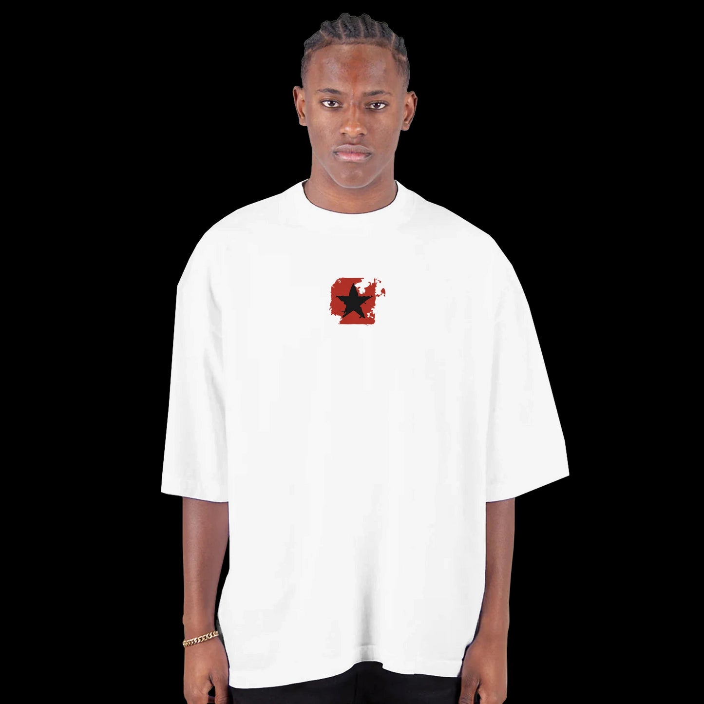Anarchy Trigger T-shirt featuring a distressed black star over a red blast patch design front