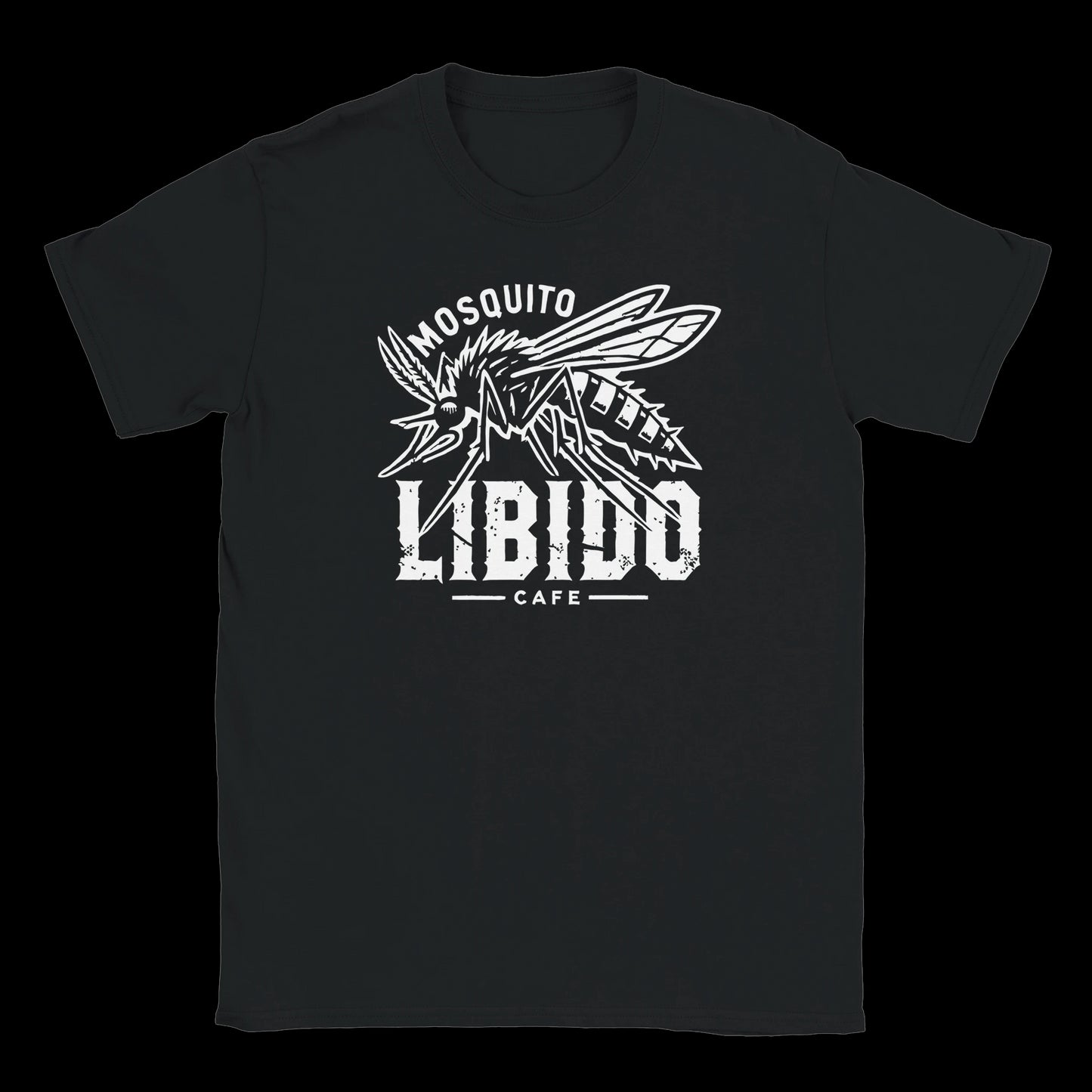 Black T-shirt with white graphic of an aggressive mosquito over bold distressed “LIBIDO Café” text – Bite Into The Buzz design by Two Souls Inc.