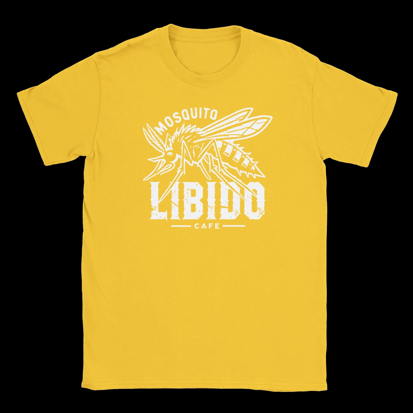 Daisy T-shirt with white graphic of an aggressive mosquito over bold distressed “LIBIDO Café” text – Bite Into The Buzz design by Two Souls Inc.