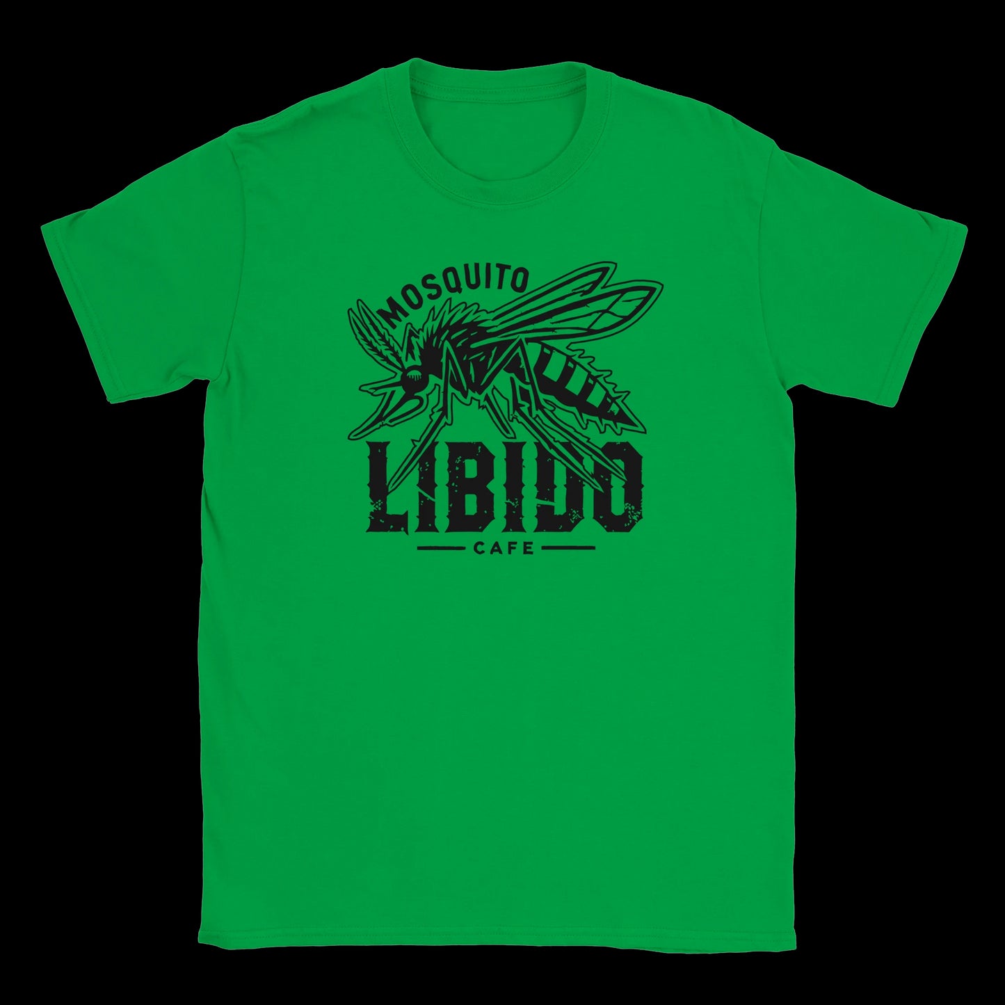 Black graphic of a stylized mosquito above distressed “Mosquito Libido Café” text printed on a green T-shirt