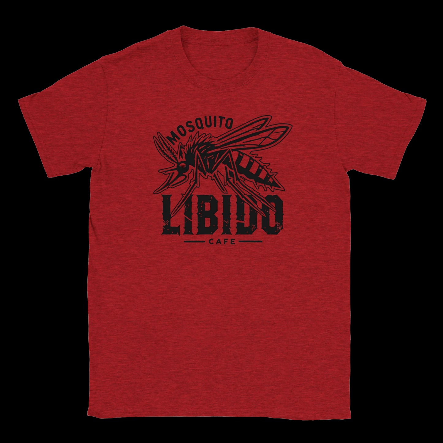 Black graphic of a stylized mosquito above distressed “Mosquito Libido Café” text printed on a red T-shirt